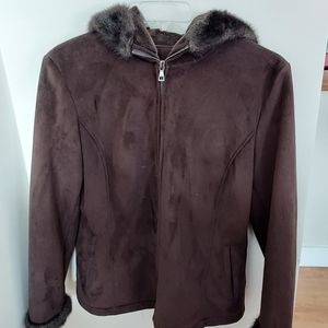 Womans large faux suede and fur, brown hooded jacket.